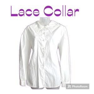 Vintage LAURA ASHLEY Lace Bib Collar Puff Sleeve Embroidered Blouse SZ 10